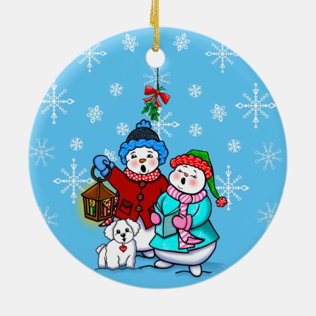 Caroling Snow Couple with Dog Christmas Ornament (Back)