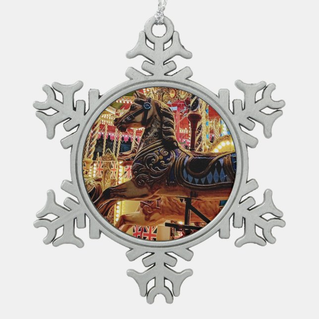 Carousal Snowflake Pewter Christmas Ornament (Front)
