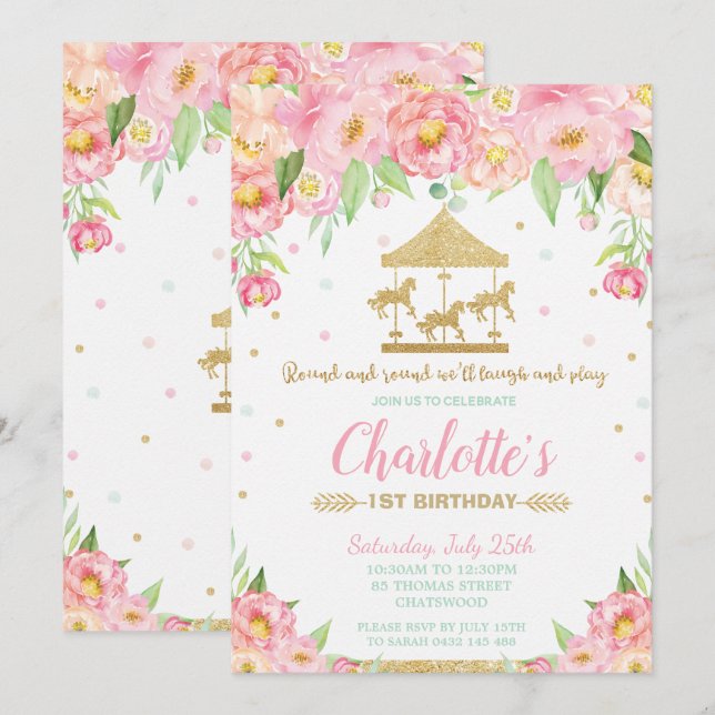 Carousel 1st Birthday Pink Floral Gold Girl Invitation (Front/Back)