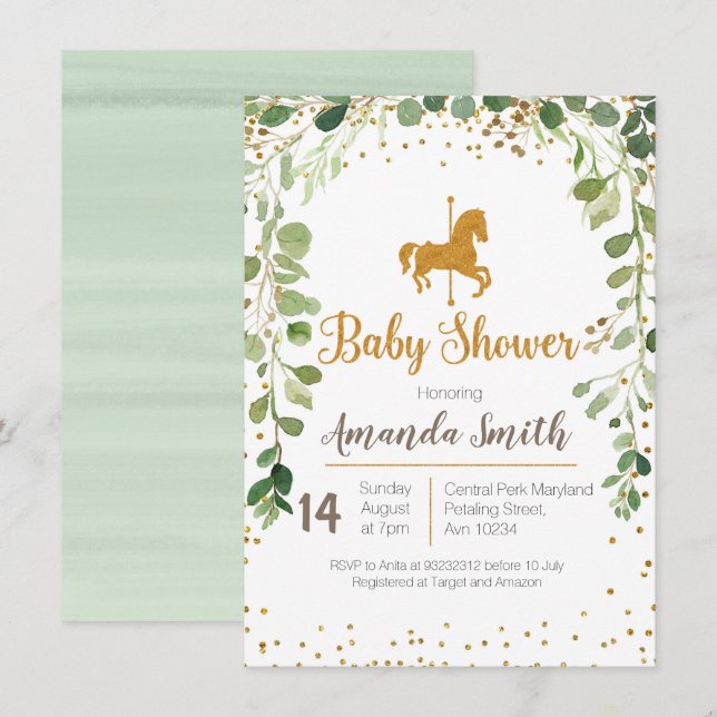 Carousel Baby Shower invitation Greenery (Front/Back)