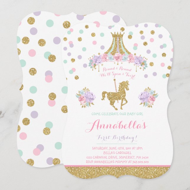 Carousel Birthday Invitation Floral Pink Mint Gold (Front/Back)