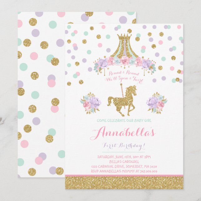Carousel Birthday Invitation Floral Pink Mint Gold (Front/Back)