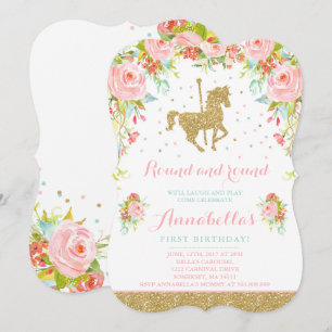 Carousel Birthday Invitation Floral Pink Mint Gold
