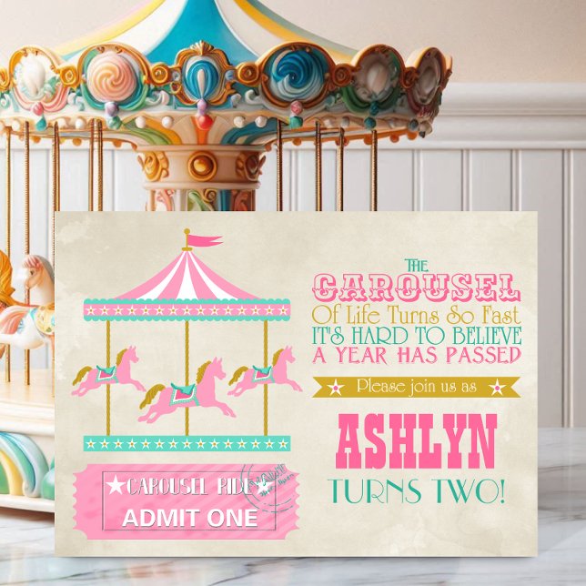Carousel Birthday Party Invitation (Carousel, the perfect invite for a young child that is growing quickly, front view.)