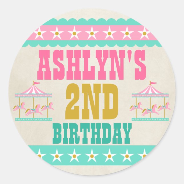 Carousel Birthday Party Personalised Classic Round Sticker (Front)