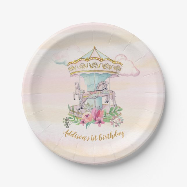 Carousel carnival pink party plates (Front)