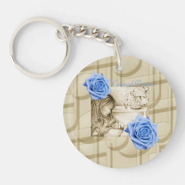 Carousel Dreams Vintage Blue Rose Circle Keychain (Front)