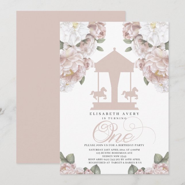 Carousel Floral Soft Pink First Birthday Invitation (Front/Back)