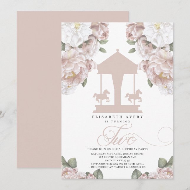 Carousel Floral Soft Pink Second Birthday Invitation (Front/Back)