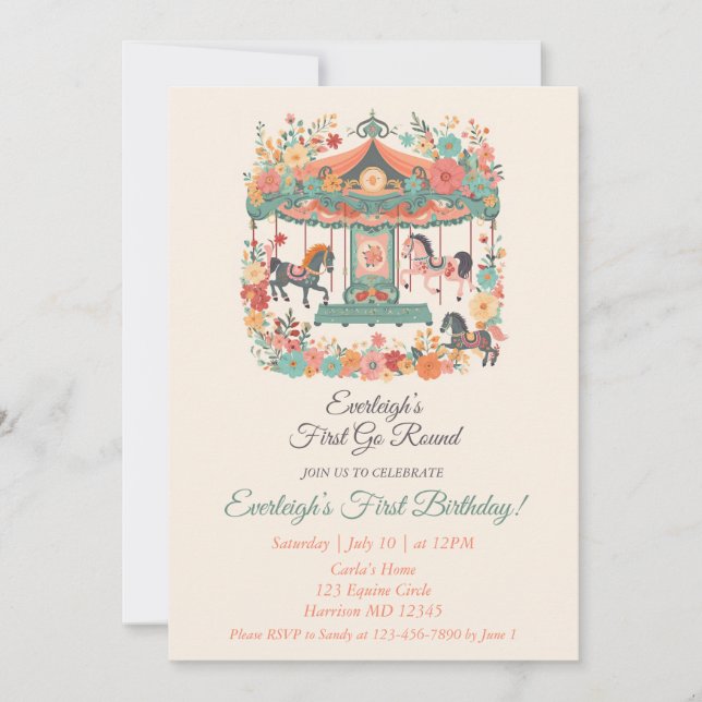 Carousel Go Round First Birthday  Invitation (Front)