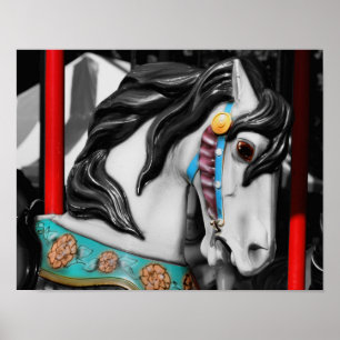 Carousel Horse Black White Partial Colour Poster