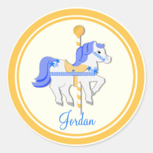 Carousel Horse Blue Gold Stars Classic Round Sticker
