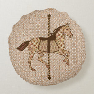 Carousel Horse - Chocolate Brown and Tan Round Cushion
