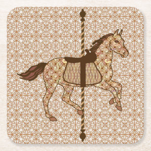 Carousel Horse - Chocolate Brown and Tan Square Paper Coaster