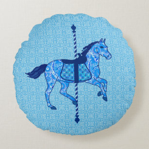 Carousel Horse - Cobalt and Sky Blue Round Cushion