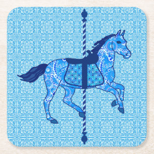 Carousel Horse - Cobalt and Sky Blue Square Paper Coaster