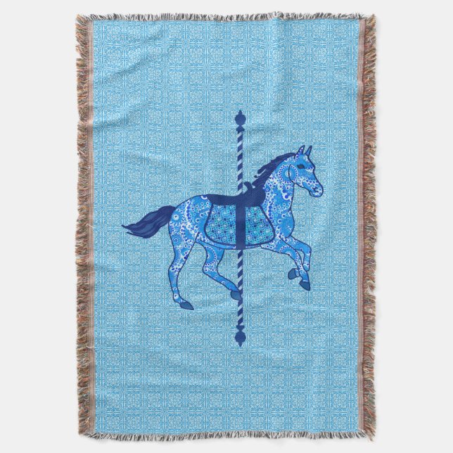 Carousel Horse - Cobalt and Sky Blue Throw Blanket (Front Vertical)