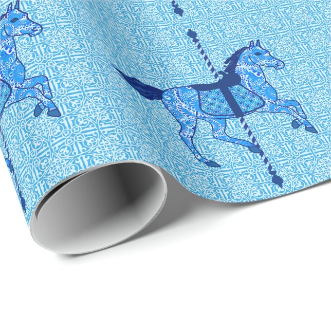Carousel Horse - Cobalt and Sky Blue Wrapping Paper (Roll Corner)