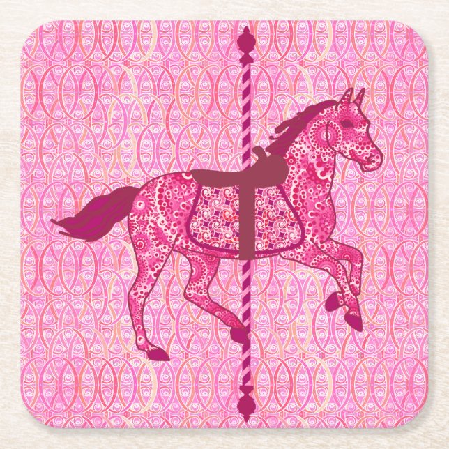 Carousel Horse - Fuchsia Pink Square Paper Coaster (Front)