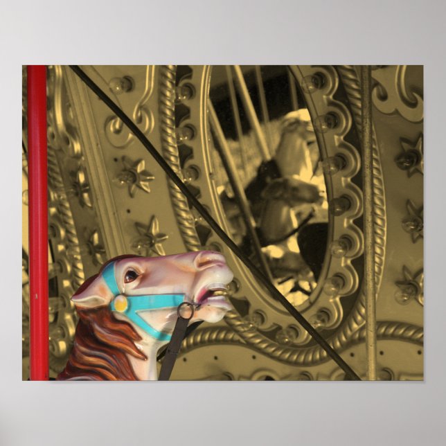 Carousel Horse In Mirror Sepia Partial Colour Poster (Front)