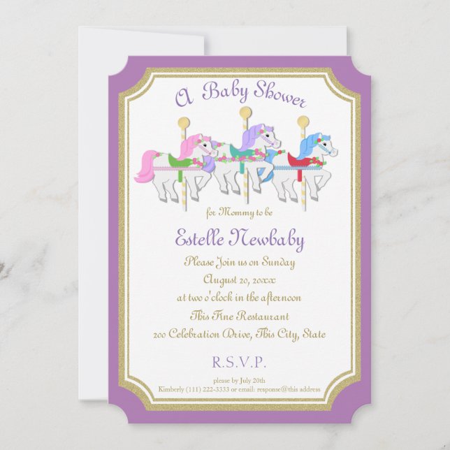Carousel Horse Purple Baby Shower Invitation (Front)