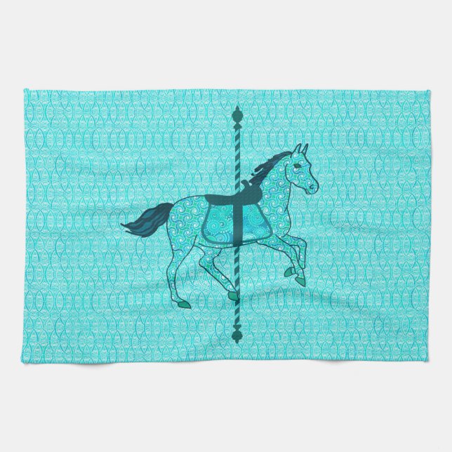 Carousel Horse - Turquoise and Aqua Tea Towel (Horizontal)