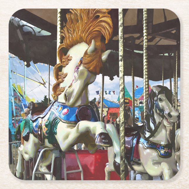 Carousel Horse With Flowing Mane Square Paper Coaster (Front)