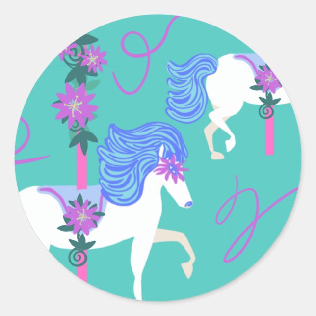Carousel Horses Decorated purple flowers Classic Round Sticker (Front)