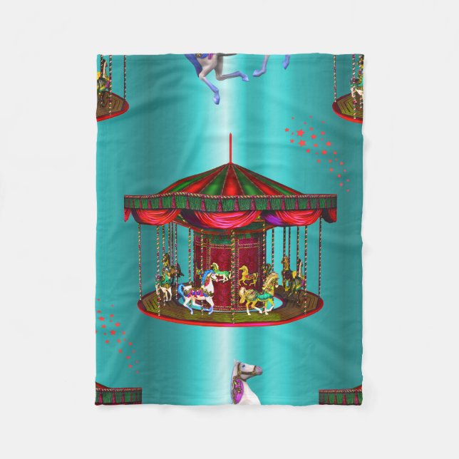 Carousel Horses on Blue Fleece Blanket (Front)