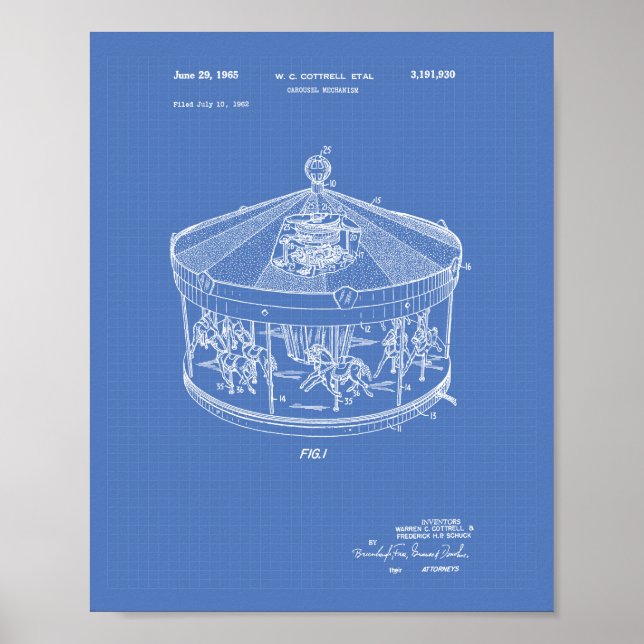 Carousel Mechanism 1965 Patent Art Blueprint Poster (Front)
