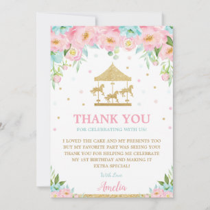 Carousel Merry Go Round Pink Mint Floral Birthday Thank You Card