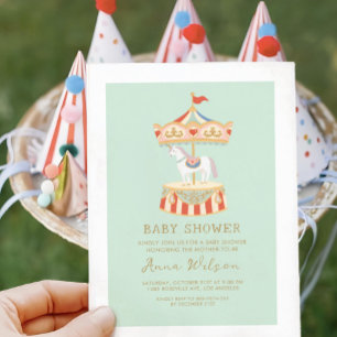 Carousel Pastel Sage Green Cute Baby Shower  Invitation