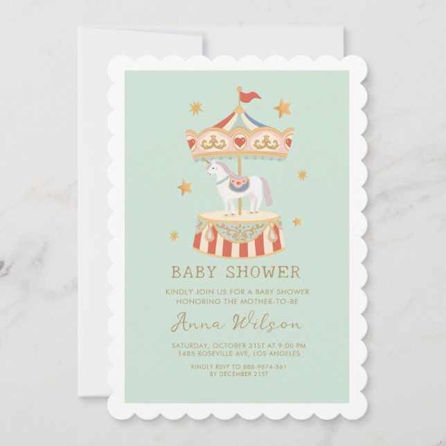 Carousel Pastel Sage Green Cute Baby Shower  Invitation (Front)