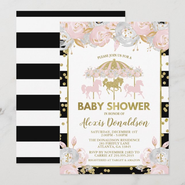 Carousel Pink and Gold Baby Shower Invitation (Front/Back)