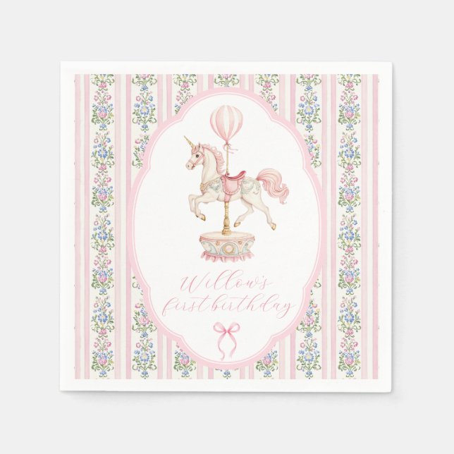 Carousel Pink First Birthday Napkin (Front)