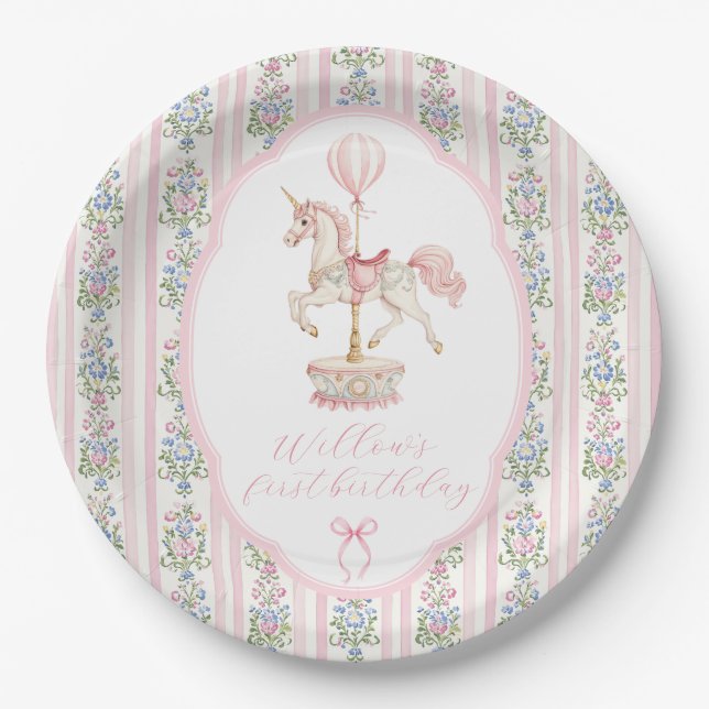 Carousel Pink First Birthday Paper Plate (Front)