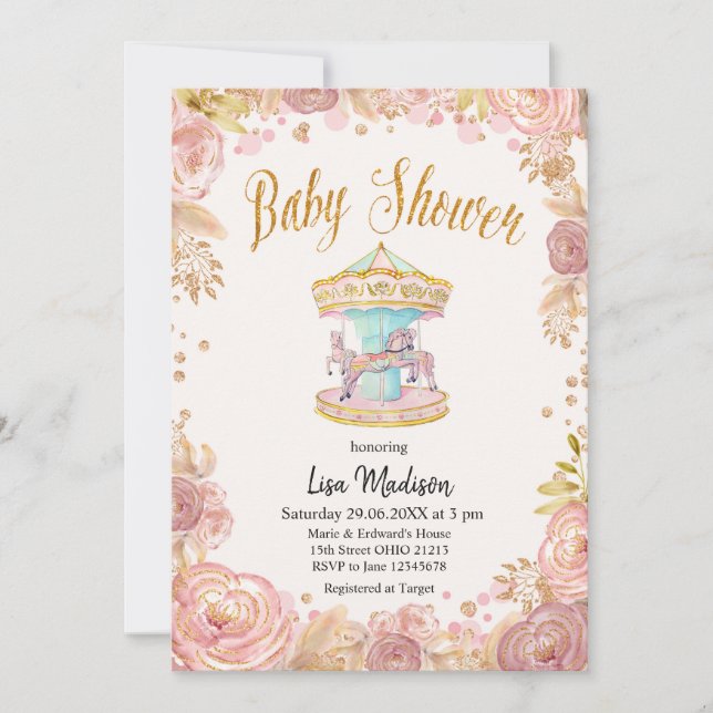 Carousel Pink Glitter Horse Baby Shower Invitation (Front)