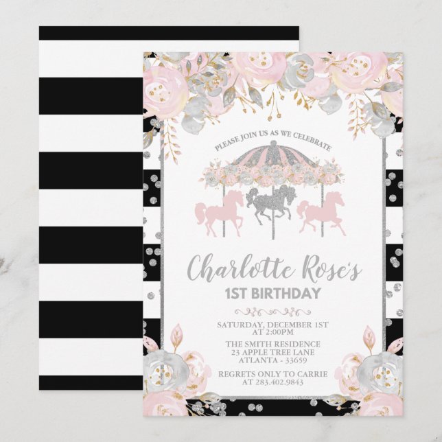 Carousel Pink Silver First Birthday Invitation (Front/Back)