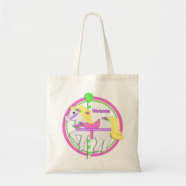 Carousel Pony with Roses Pink and Green Tote Bag (Front)
