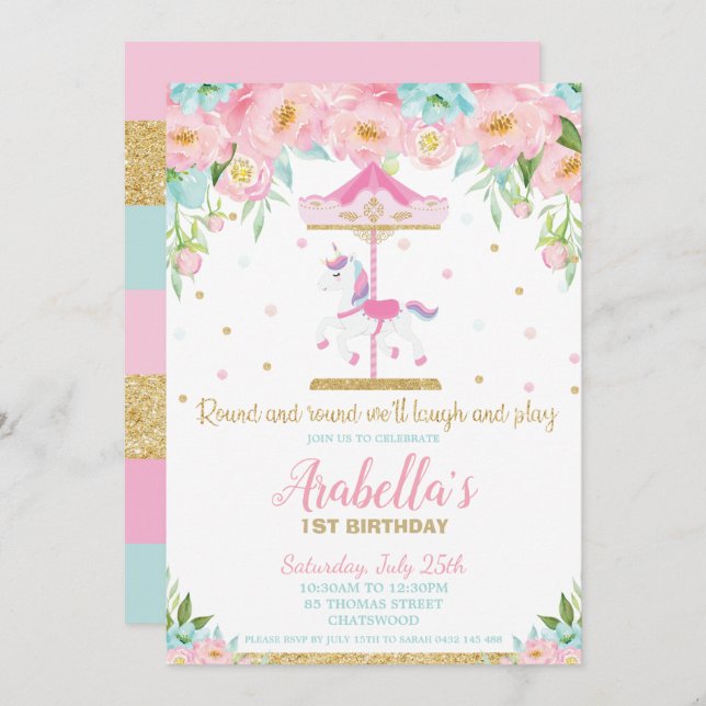 Carousel Unicorn 1st Birthday Pink Mint Floral Invitation (Front/Back)