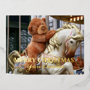 Carousel with Teddy Bear Foil Holiday Postcard