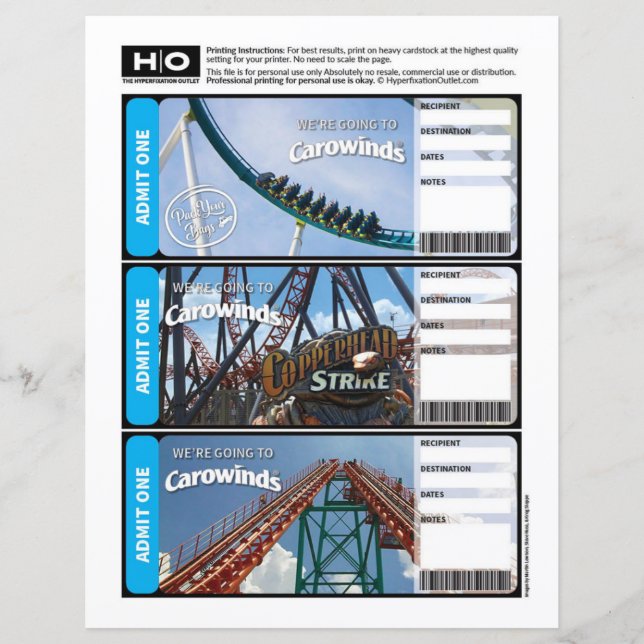 Carowinds Mock Ticket for Travel and Events (Front)