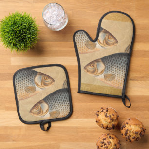 Carp fish fishing painting freshwater oven mitt & pot holder set