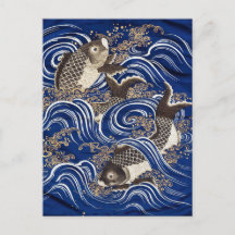 Carp in Waves Japanese Koi Fish Silk Tapestry Art,