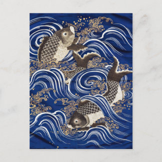 Carp in Waves Japanese Koi Fish Silk Tapestry Art, Postcard