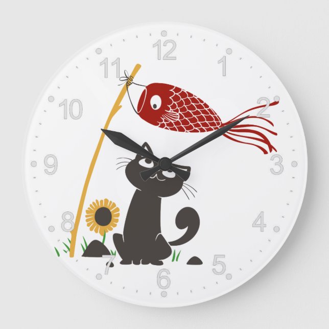 Carp streamer happy cat - Choose background color Large Clock (Front)