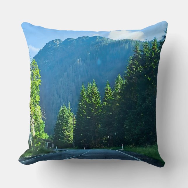 Carpathian Forest Road – Romania Mountain Print Cushion (Front)