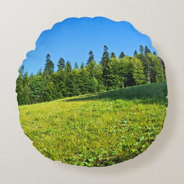 Carpathian Green Meadow – Romania Mountain Print Round Cushion (Front)