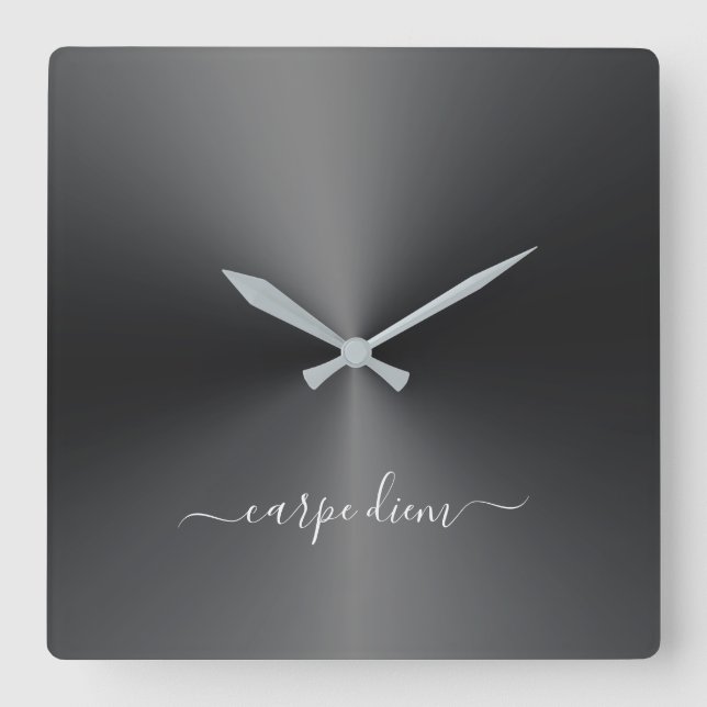 Carpe Diem Black Metallic Style Acrylic Square Wall Clock (Front)