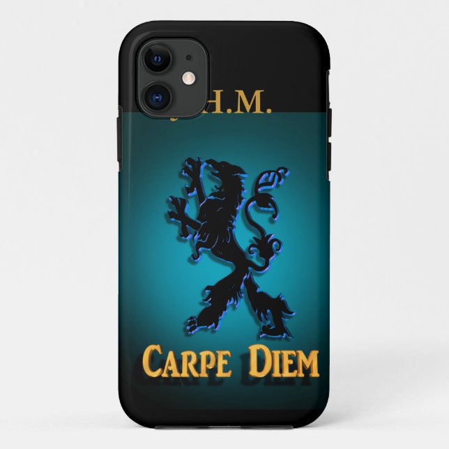 "Carpe Diem" Iphone case with black and blue Lion. (Back)